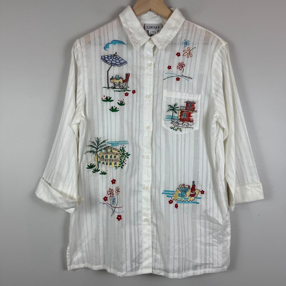 Graff‎ Shirt Women M White Multi Tropical Embroidered Tunic Beach Novelty Vtg
